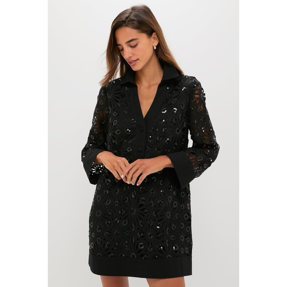 TUCKERNUCK Black Crochet Sparkle Collier Floral Dress Party LBD Size XL